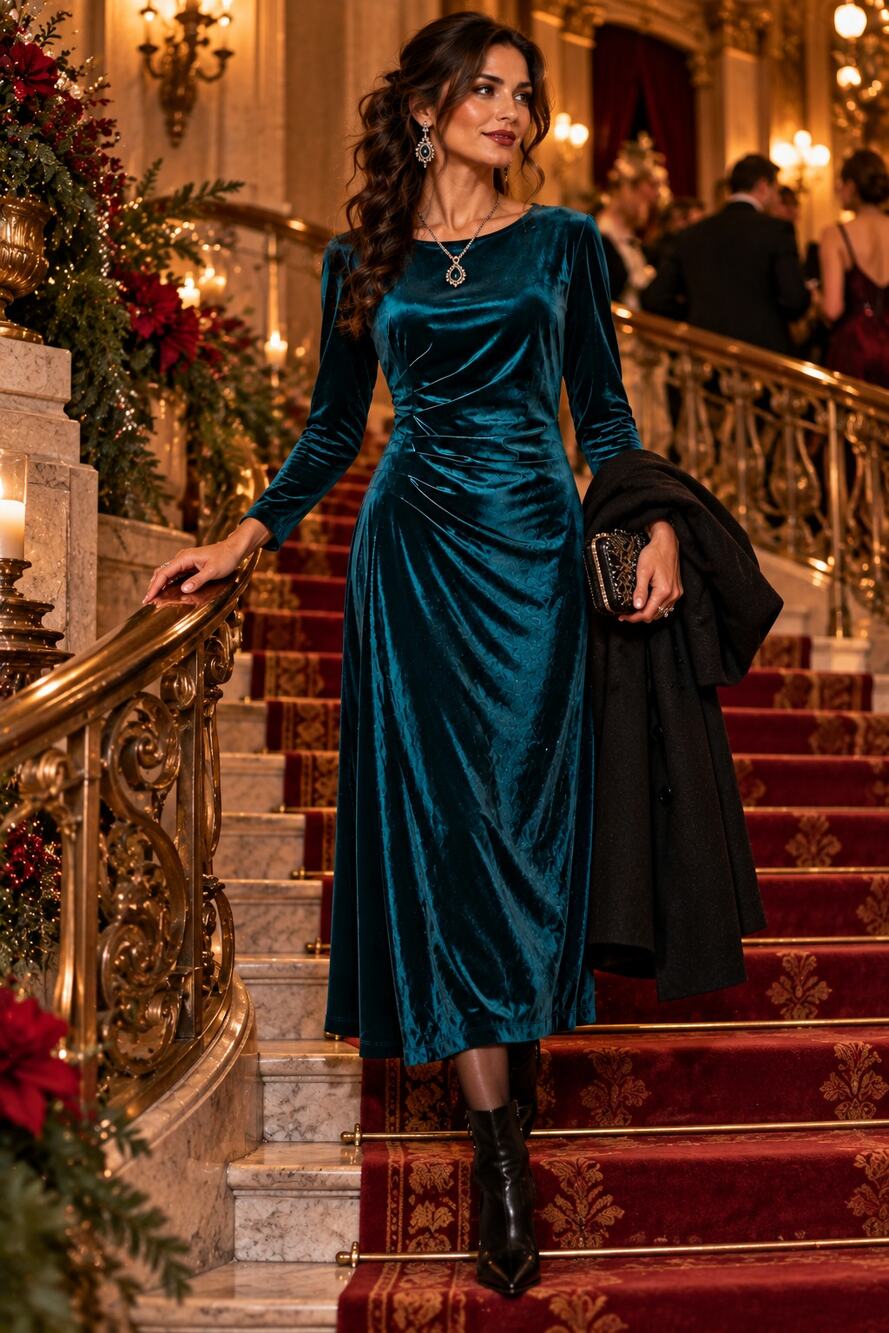 Soft Surroundings PS Teal Velvet Ruched Midi Dress Long Sleeve Holiday Wedding